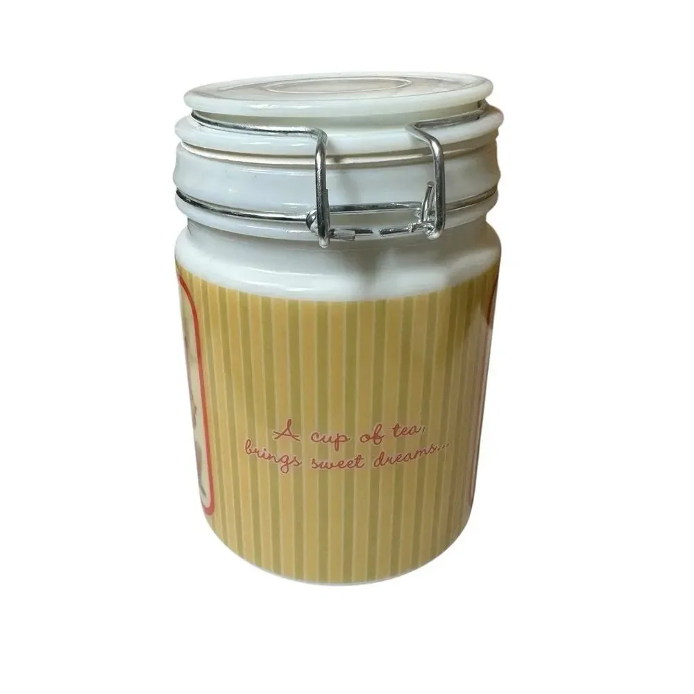 Vtg‎ Houston Harvest Christmas Teddy Bear Milk Glass Canister Hinged Lid Tea 6